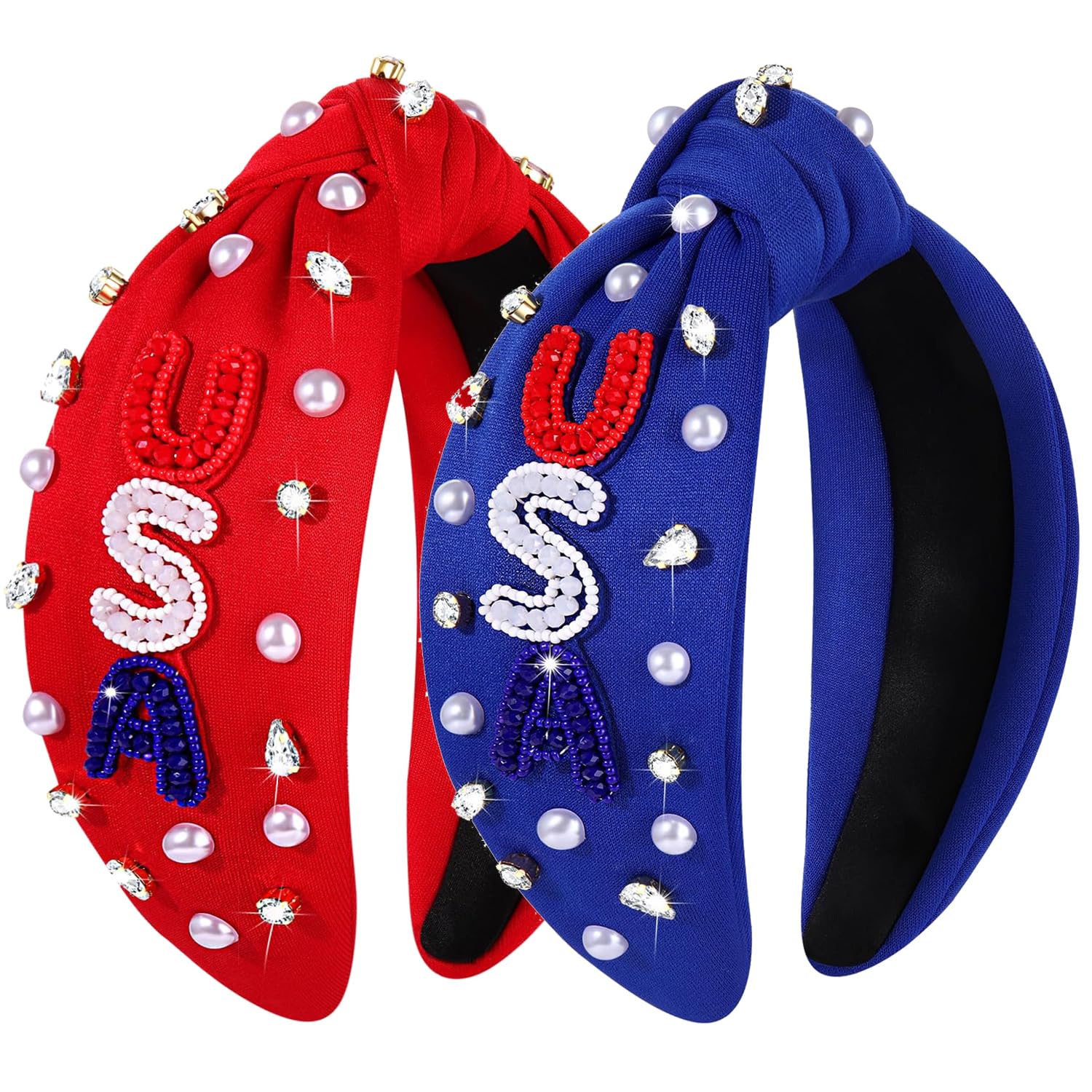 CEALXHENY 4th of July Headbands for Women 4th of July Accessories American Flag Patriotic Headbands Rhinestone Pearl Knotted Headbands Beads Embellished Jeweled Headbands Holiday Gifts (2PCS USA)