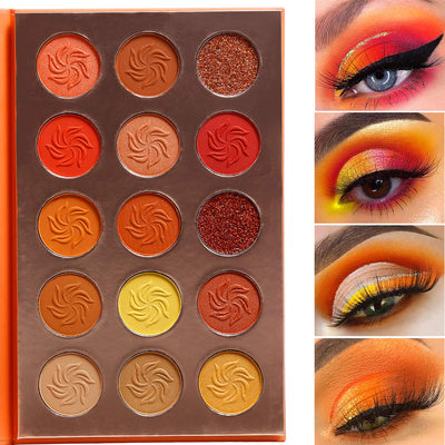 Afflano Red Orange Eyeshadow Palette Sunset 15 Color Highly Pigmented Glam Fall Eye Shadow Makeup Palettes Nudetude Brown Yellow Gold Orange Matte Glitter Shimmer Warm Eyeshadow Pallet