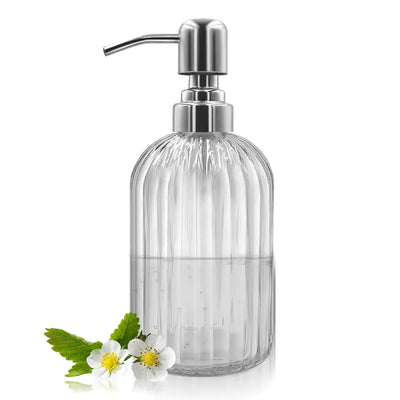 14 Oz Glass Soap Dispenser with 304 Rust Proof Stainless Steel Pump Refillable Hand Liquid Soap Dispenser for Bathroom Kitchen Countertop Laundry Room (White)
