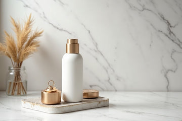 A matte white cylindrical bottle with a metallic gold pump dispenser sits on a small marble tray, alongside its gold cap and a matching gold cylindrical container, set against a white marble background with dried grass in a glass jar.