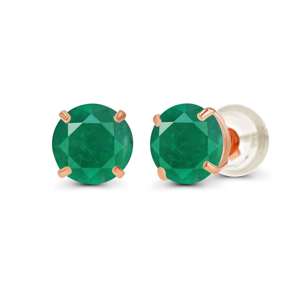 14K Rose Gold Plated Sterling Silver 6mm Round Natural Emerald May Birthstone Prong Set Stud Earrings For Women