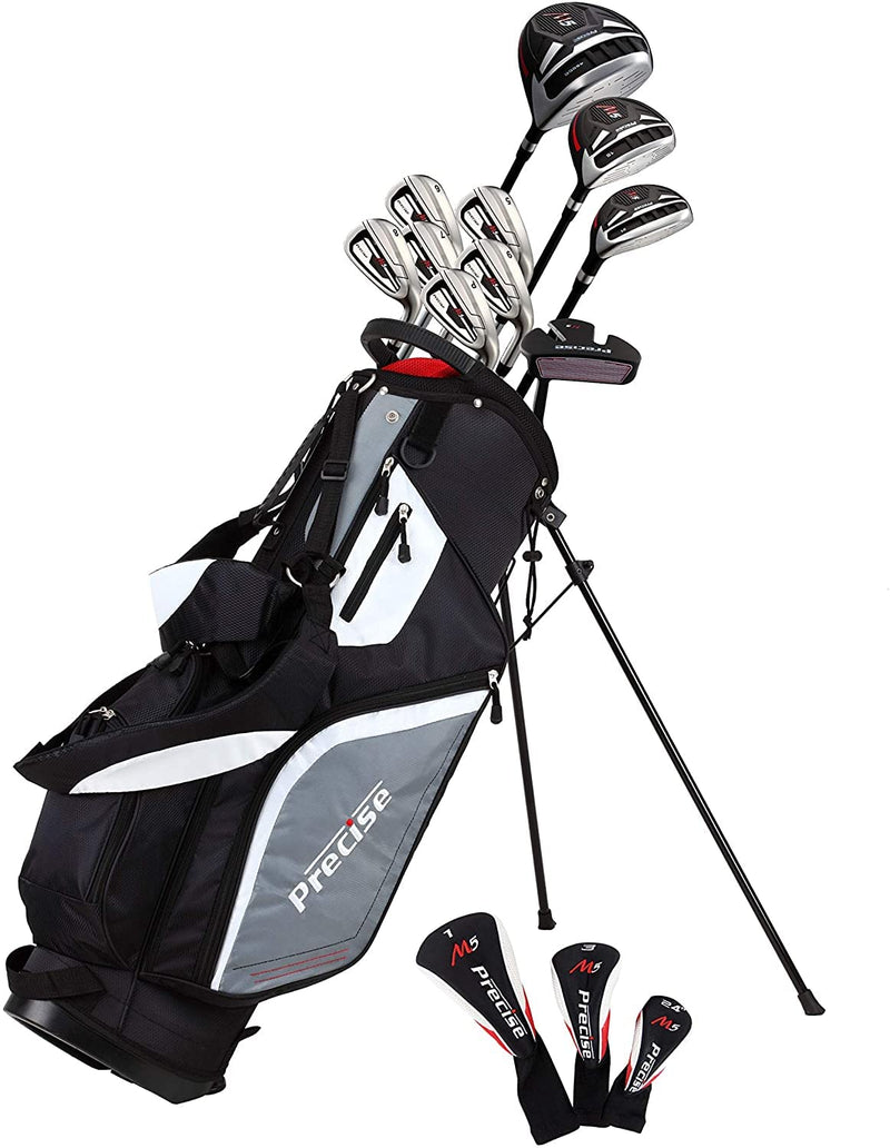 Top Line Mens Right Handed M5 Golf Club Set  Set Includes Driver Wood Hybrid 5 6 7 8 9 PW Stainless Steel Irons with True Temper Steel Shaft Putter Deluxe Stand Bag & 3 Headcovers