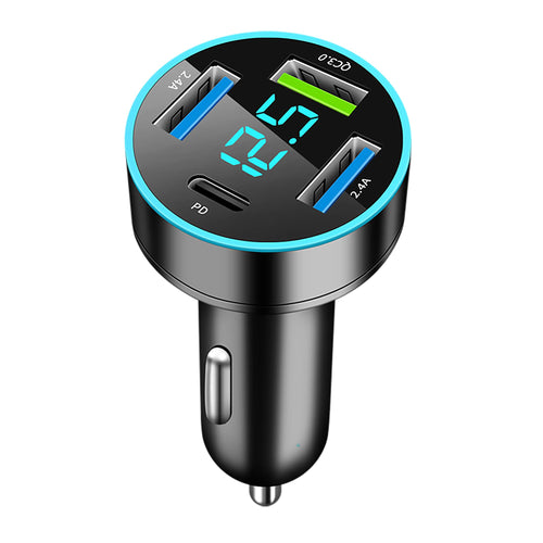 Car Charger USB C Car Adapter 4 Port USB Car Charger with Voltage Display PD 3.0 & QC 3.0 Car Phone Charger Cigarette Lighter USB Charger Adapter Fast Charging for iPhoneSamsungiPad & Phone Tablets