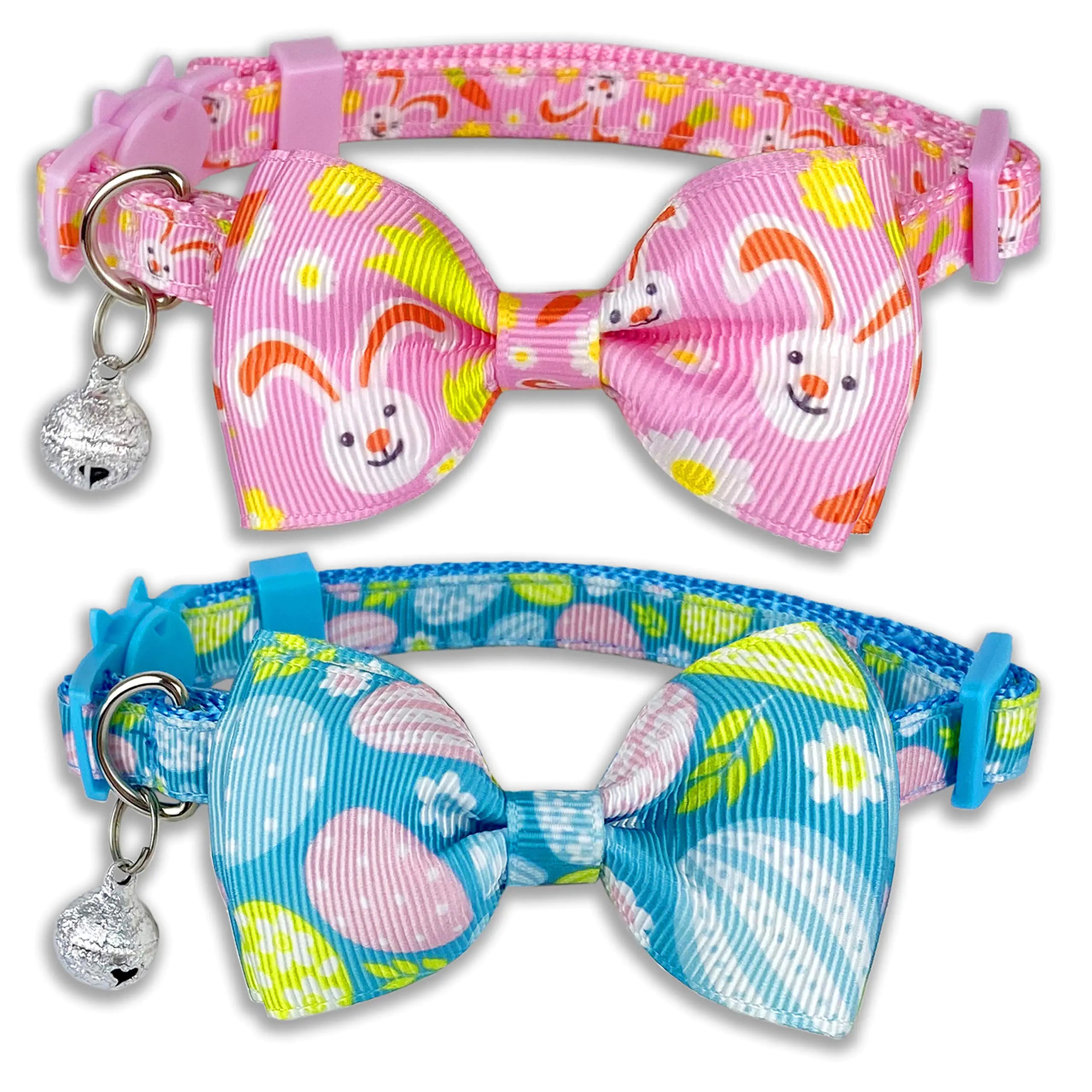Pohshido Easter Cat Collar with Bow Tie Holiday 2 Pack Kitty Kitten Cute Bunny Carrot Collar for Girls and Boys (Hoppy Hour/Pink)