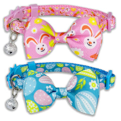 Pohshido Easter Cat Collar with Bow Tie Holiday 2 Pack Kitty Kitten Cute Bunny Carrot Collar for Girls and Boys (Hoppy Hour/Pink)