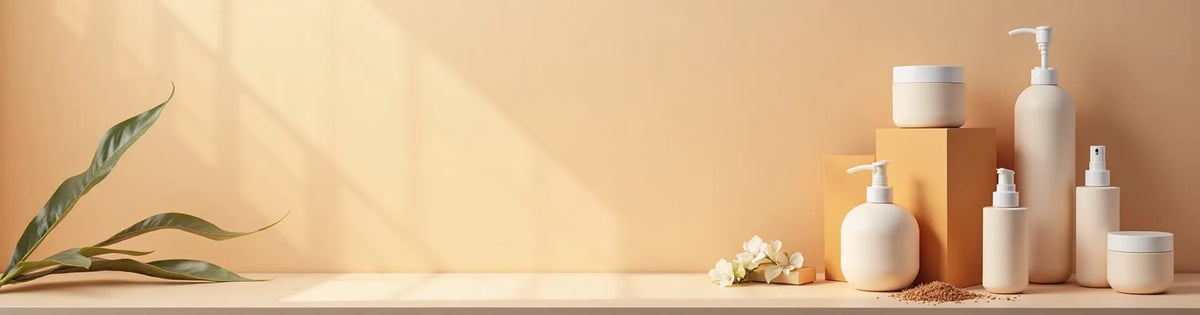 A set of minimalist white skincare and bathroom bottles, jars, and pump dispensers arranged on a beige surface against a warm beige background, with a decorative green leaf on the left and a small flower arrangement in the foreground.