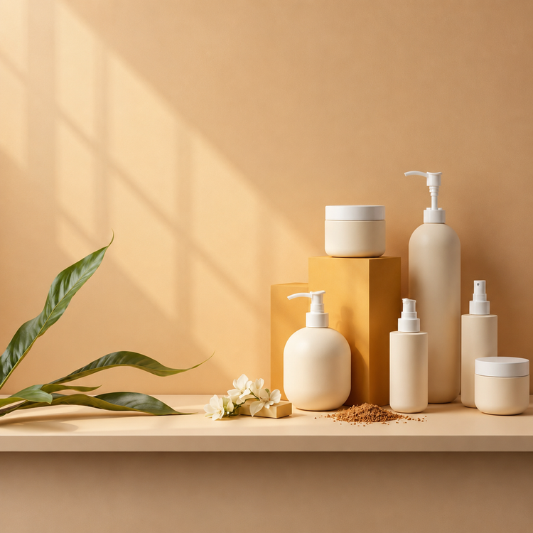 A set of minimalist skincare and bathroom products in warm cream and beige tones, including pump bottles, spray bottles, jars, and a dispenser, arranged on a wooden shelf with a yellow block prop, small flowers, and dried botanicals against a beige wall with soft window-shadow lighting.