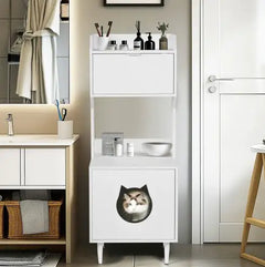 Litter Box Enclosure With Shelves And Doors White Wooden Hidden Cat Litter Box Furniture Industrial Indoor Cat House Washroom Pet Crate Storage Cabinet