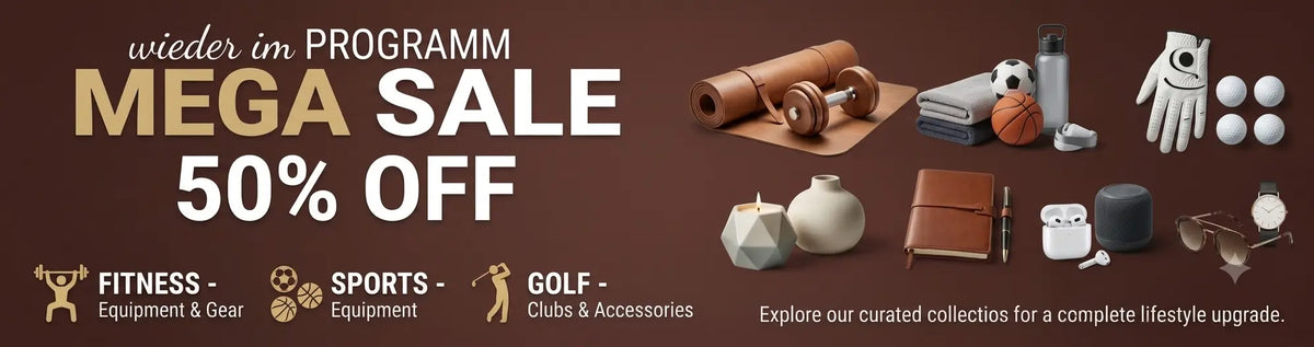 Mega Sale 50% Off banner for sports, fitness, golf gear, and electronics at The Advantage Store