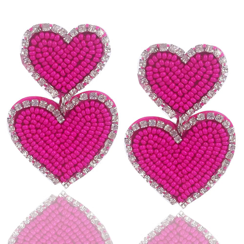 Boho Beaded Earrings Statement Heart Shaped Earrings Handwoven Drop Earrings for Valentines Day and Mothers Day (hotpink)
