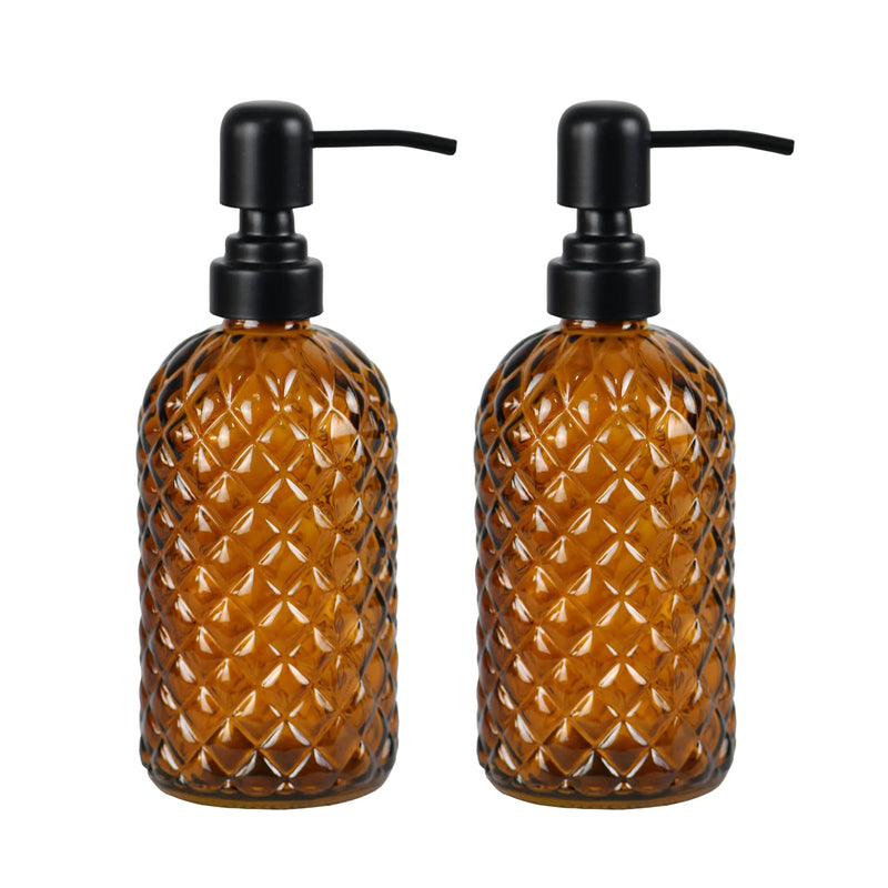 Hzxcuim 12Oz Glass Soap Dispenser with 304 Black Rustproof Stainless-Steel Pump Refillable Glass Soap Dispenser for Kitchen Bathroom Farmhouse (Amber-2pack)