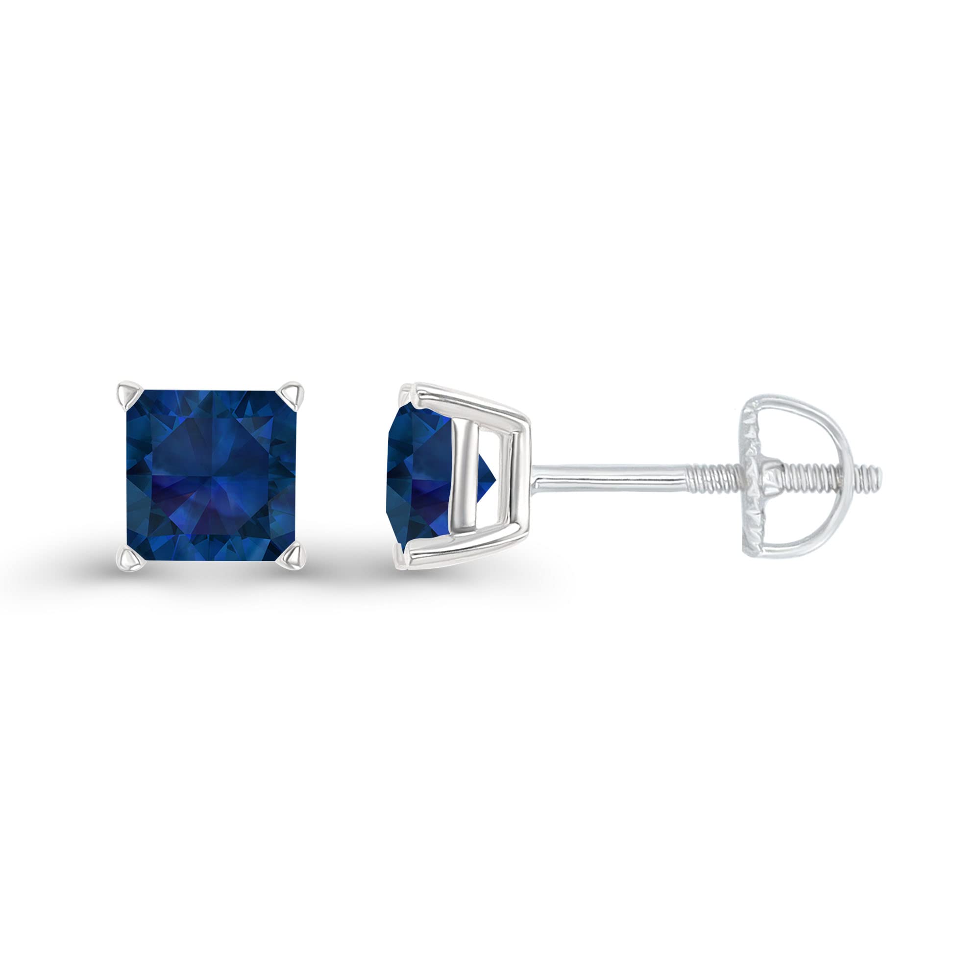 925 Sterling Silver 5mm Square Princess Cut Created Blue Sapphire September Birthstone Screwback Stud Earrings