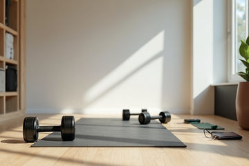A black yoga mat on a light wood floor in a bright room, with two black dumbbells, a smartphone, and a small green item nearby. Sunlight casts strong shadows across the wall and floor, and a potted plant is visible on the right.