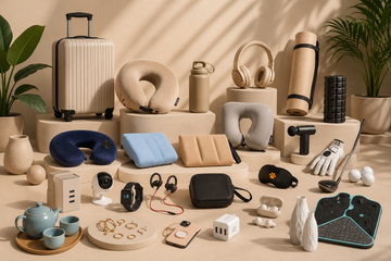 A styled flat-lay collection of travel and wellness accessories arranged on beige pedestals and the floor, including a cream suitcase, neck pillows in blue, beige, and gray, headphones, a rolled yoga mat, fitness foam, earbuds, a small camera, a teapot with cups, and other travel-themed items against a warm beige background with potted plants.