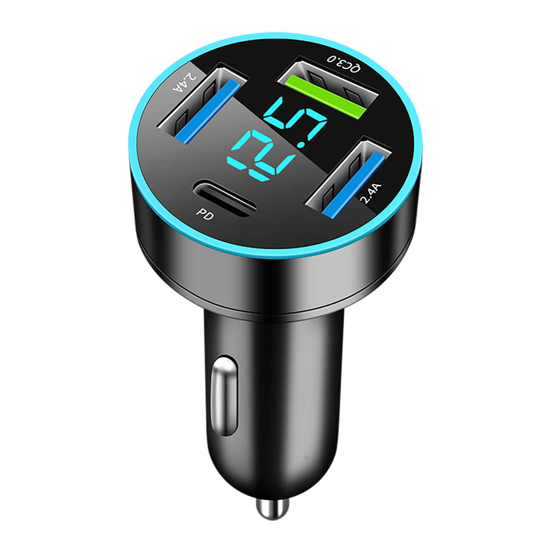 Car Charger USB C Car Adapter 4 Port USB Car Charger with Voltage Display PD 3.0 & QC 3.0 Car Phone Charger Cigarette Lighter USB Charger Adapter Fast Charging for iPhoneSamsungiPad & Phone Tablets
