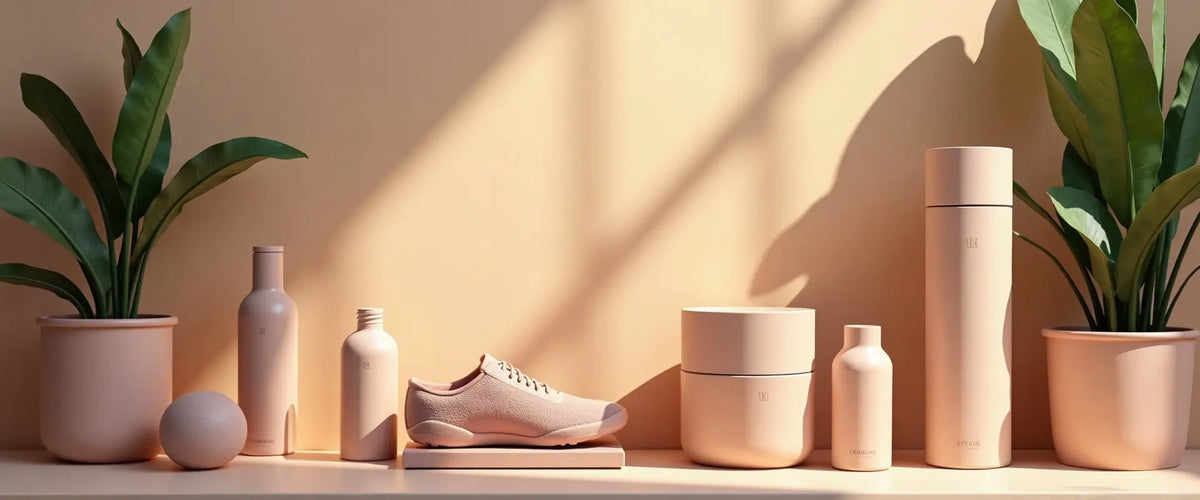 A minimalist product arrangement on a shelf featuring a light pink sneaker, matte beige and pink bottles, jars, and containers, styled with potted plants under warm window shadows.