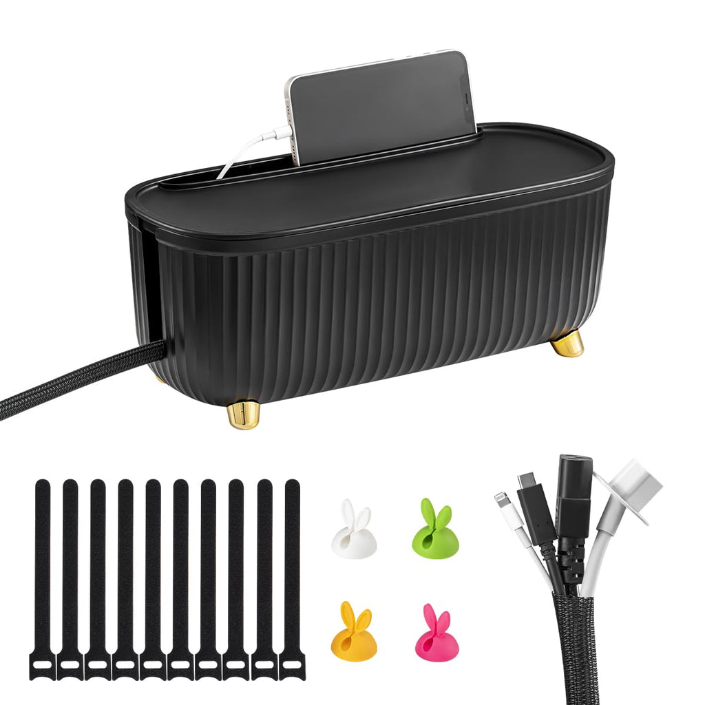 Homebliss Cable Management Box - Cord Organizer Box 13.7 * 5.9 * 5.3in -Insulated Cable Storage Box for TV Computer Laptop Power Strips -Fashionable Power Strip Box for Home Office - Black