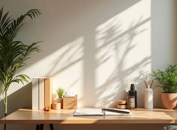 A minimalist wooden desk styled with books, small potted plants, a notebook, and a pen, set against a warm beige wall with soft sunlight and leaf shadows.