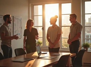 Four people standing in a sunlit modern office around a wooden conference table with laptops and documents.