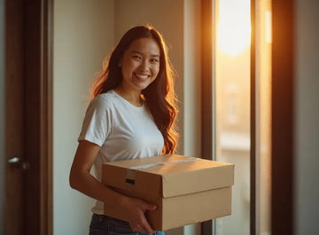 A smiling woman with long brown hair stands indoors near a window, holding a plain brown cardboard box. She wears a white T-shirt and blue jeans, with warm sunlight streaming in from the right side of the frame.