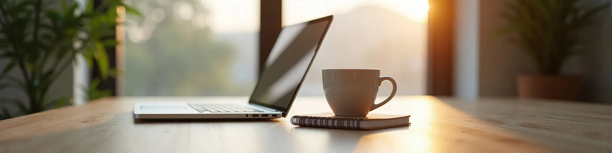 A laptop, a white ceramic coffee mug, and a small notebook sit on a wooden desk in a softly lit room with warm sunlight streaming through a window in the background.