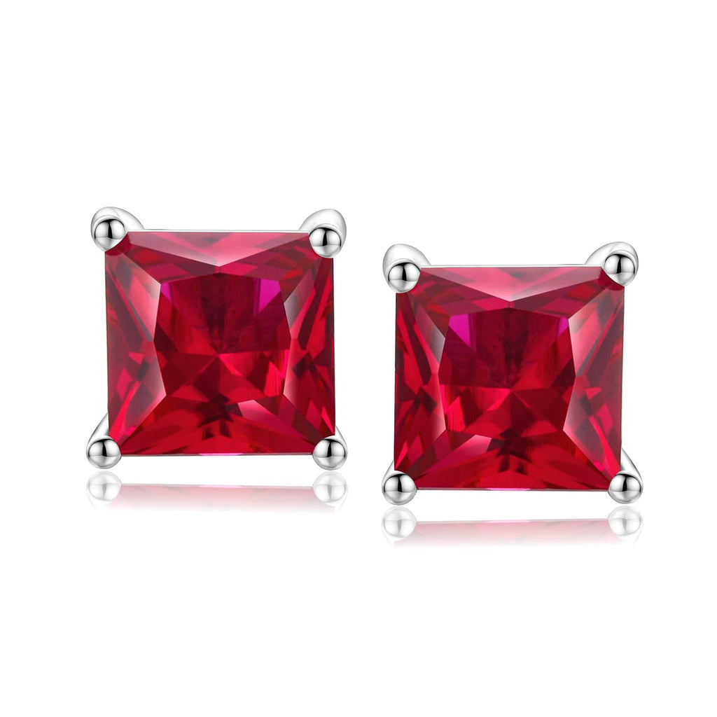 RANDES Red Stud Earrings Ruby Earring for Women 925 Sterling Silver July Birthstone Earrings Dainty Princess Cut Earrings Studs