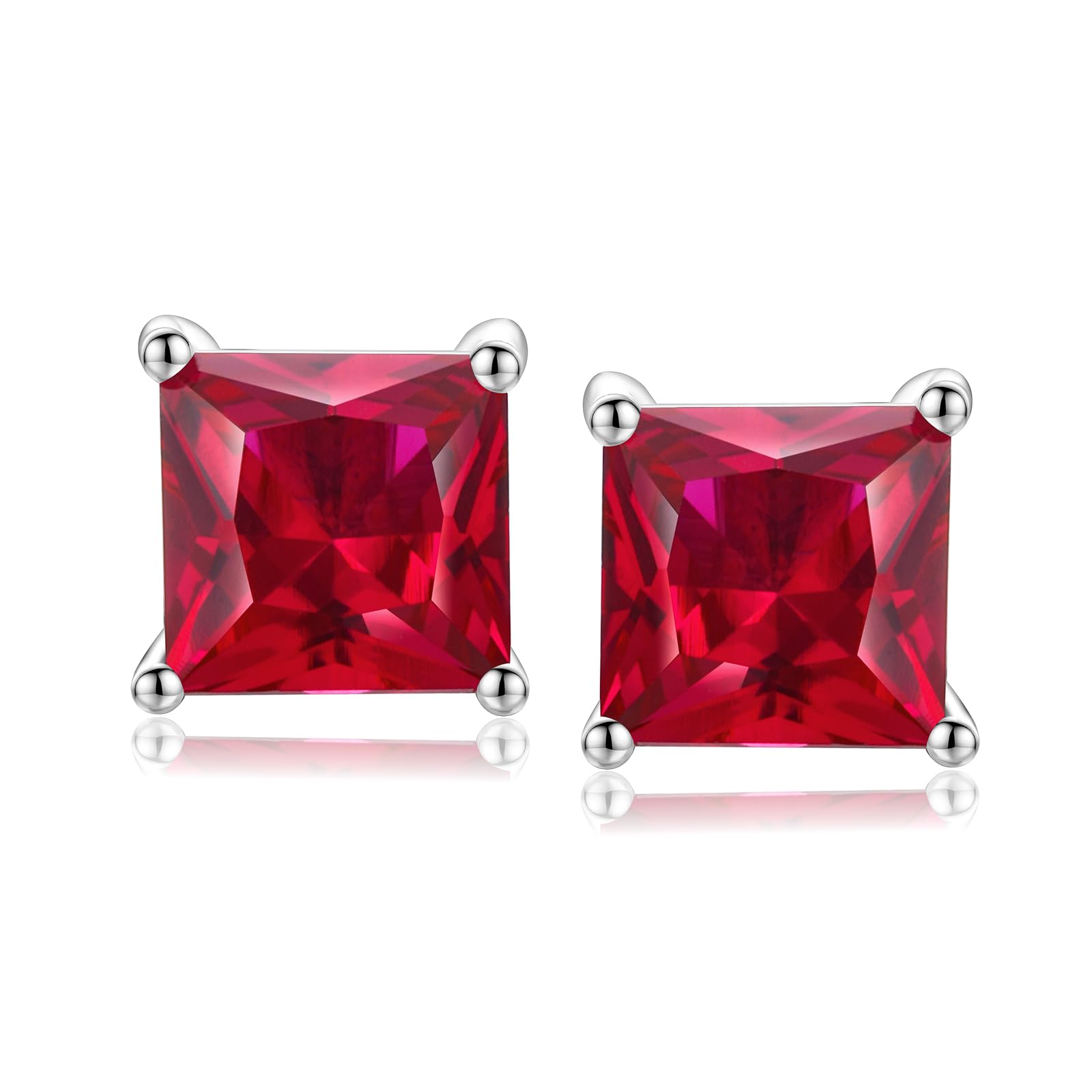 RANDES Red Stud Earrings Ruby Earring for Women 925 Sterling Silver July Birthstone Earrings Dainty Princess Cut Earrings Studs