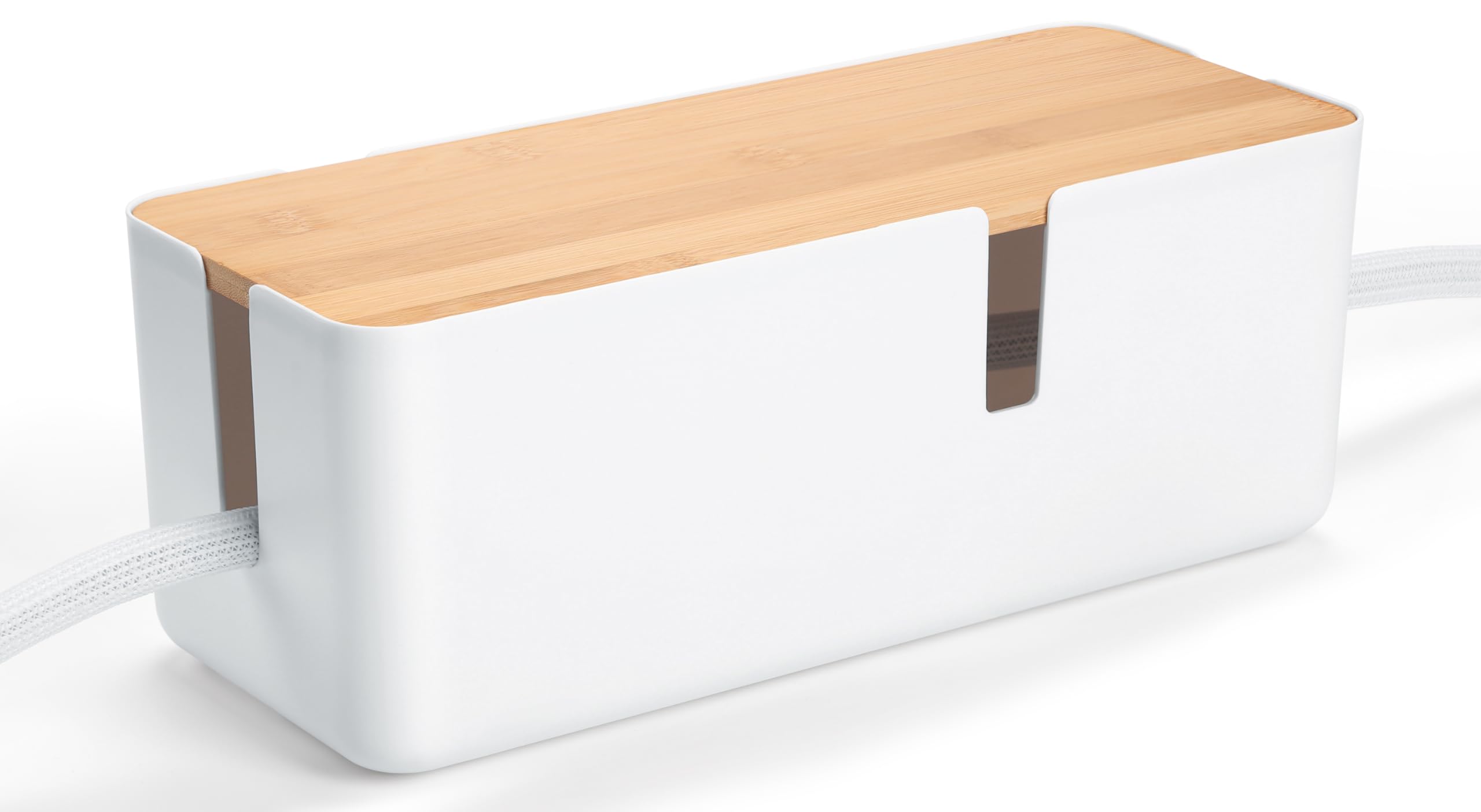 Cable Management Box with Bamboo Lid White Cable Box Small Cord Hider Box Cord Organizer Box to Conceal Surge Protector Desk/TV/Computer Wires Power Strip Box Cord Management Box for Tidy Space