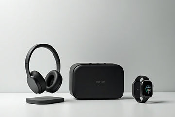 A set of black smart devices including over-ear headphones with a charging case, a VR headset box, and a smartwatch, arranged on a light gray background.
