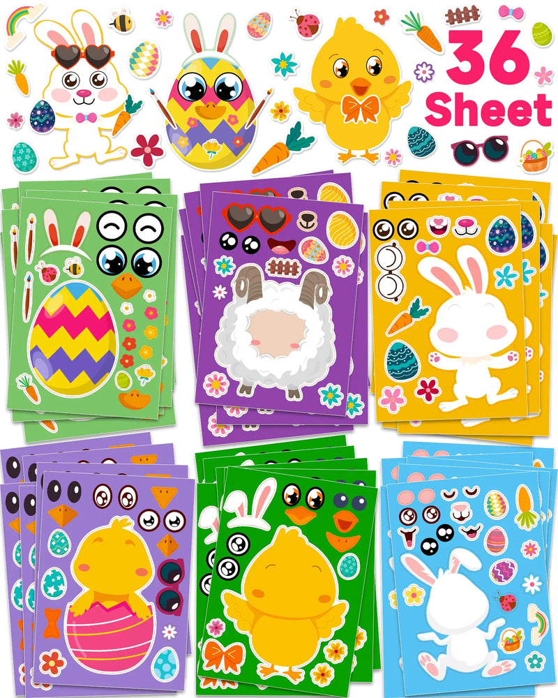 36 Sheets Easter Stickers Crafts for Kids Easter Basket Stuffers Make Your Own Easter Egg Bunny Stickers for Toddlers Easter Activities Games Party Favors Decorating Gifts for Kids Boys Girls
