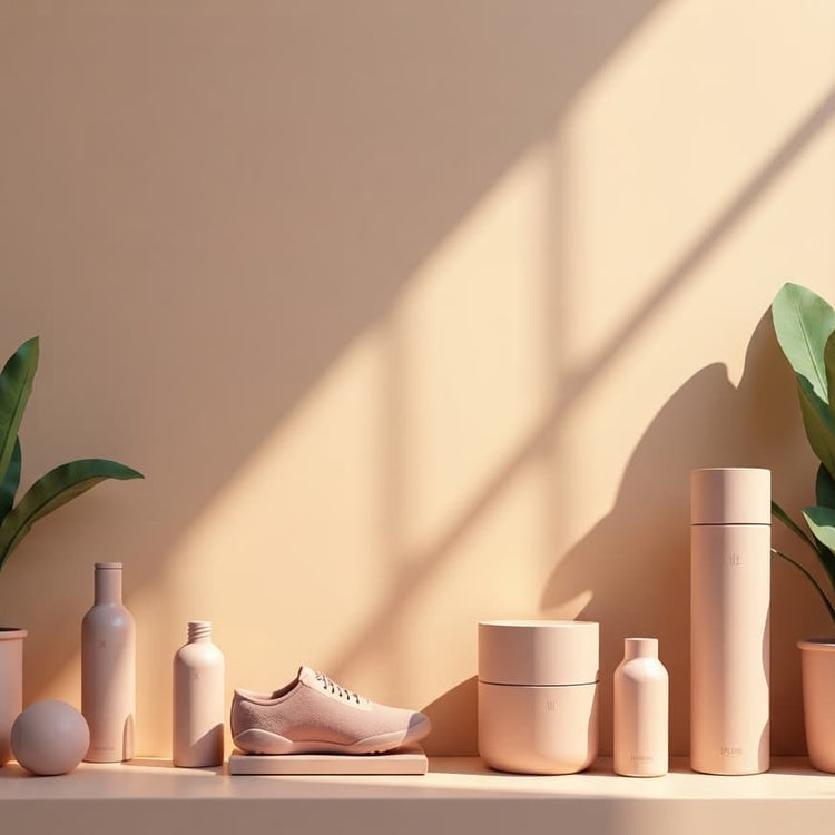 A minimalist product arrangement on a shelf featuring a light pink sneaker, matte beige and pink bottles, jars, and containers, styled with potted plants under warm window shadows.