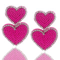 Boho Beaded Earrings Statement Heart Shaped Earrings Handwoven Drop Earrings for Valentines Day and Mothers Day (hotpink)
