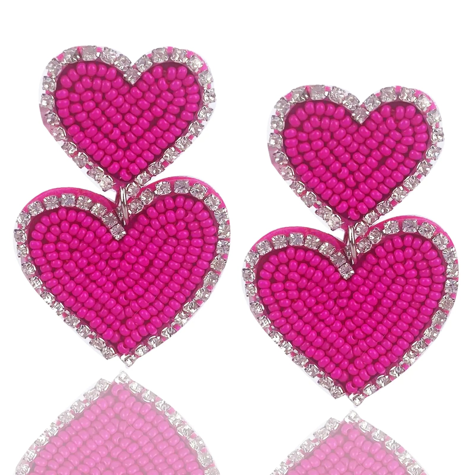 Boho Beaded Earrings Statement Heart Shaped Earrings Handwoven Drop Earrings for Valentines Day and Mothers Day (hotpink)