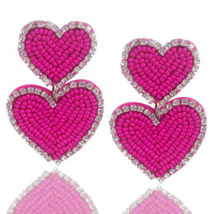 Boho Beaded Earrings Statement Heart Shaped Earrings Handwoven Drop Earrings for Valentines Day and Mothers Day (hotpink)