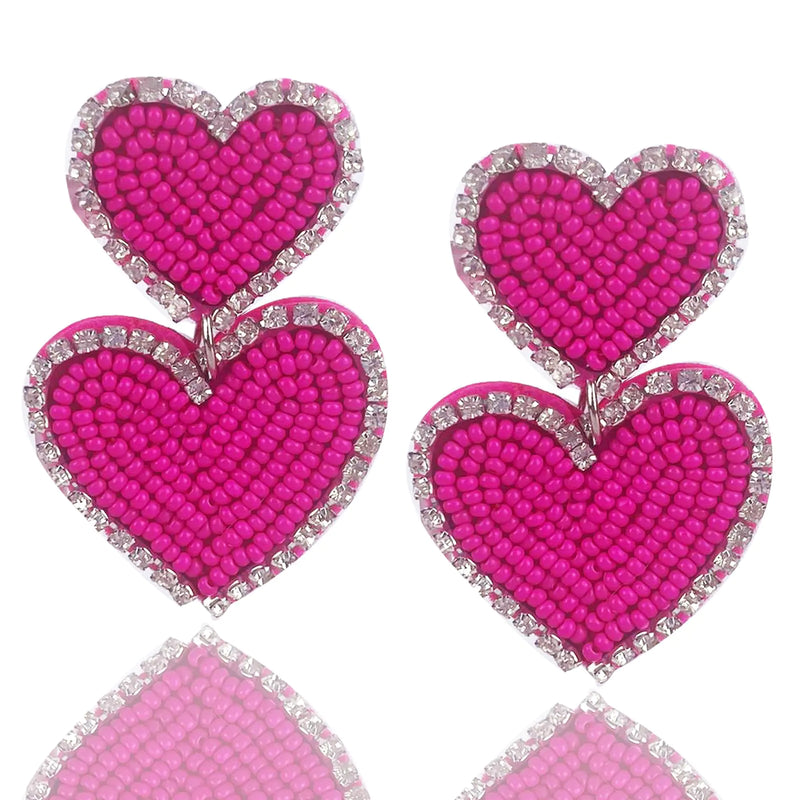 Boho Beaded Earrings Statement Heart Shaped Earrings Handwoven Drop Earrings for Valentines Day and Mothers Day (hotpink)
