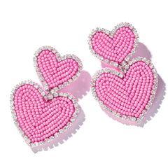 Beaded Heart Shaped Earrings - Handmade Statement Heart Dangle Earrings Gift for Valentines Day and Mothers Day (PINK - DOUBLE HEARTS)